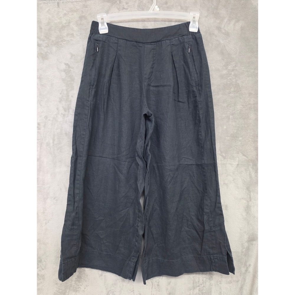 Athleta Playa Linen Wide Crop Pants Black Size 8 Pleated Zipper Pockets